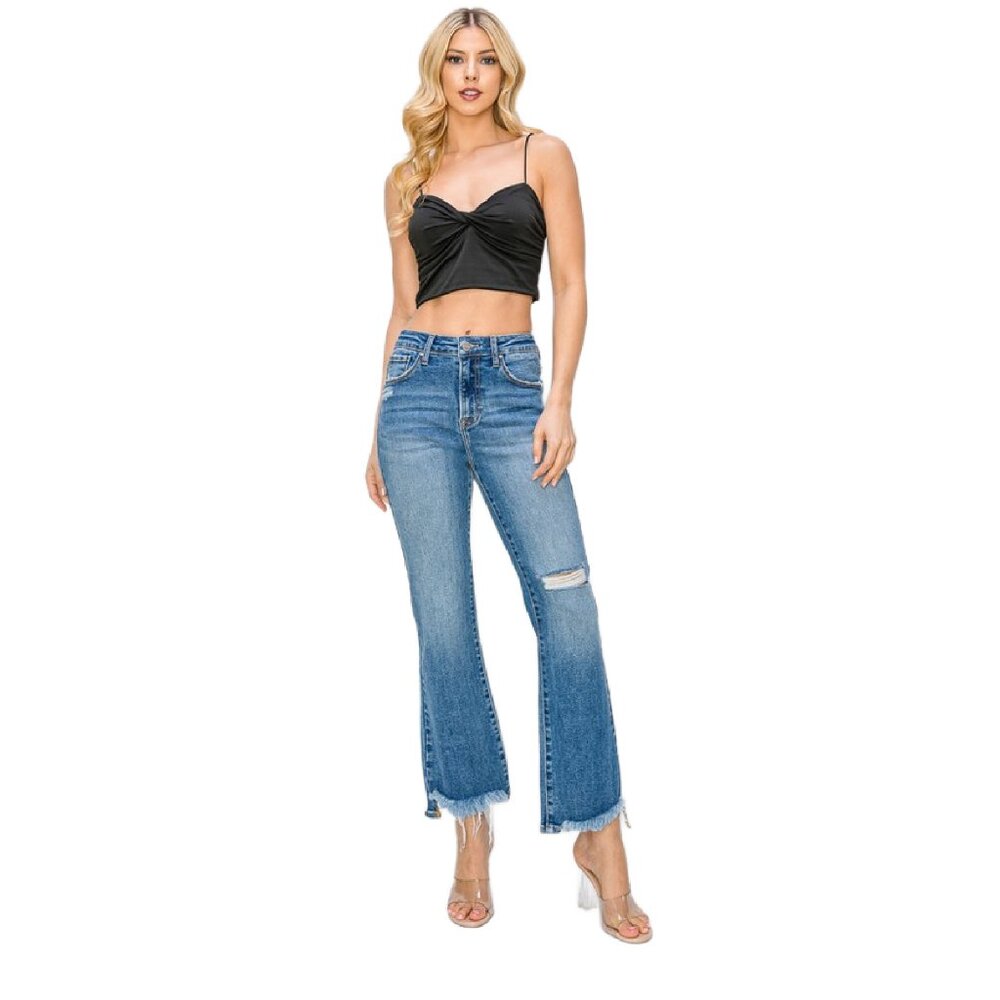 Risen High Rise Crop Flare Jeans With Distressed Knee